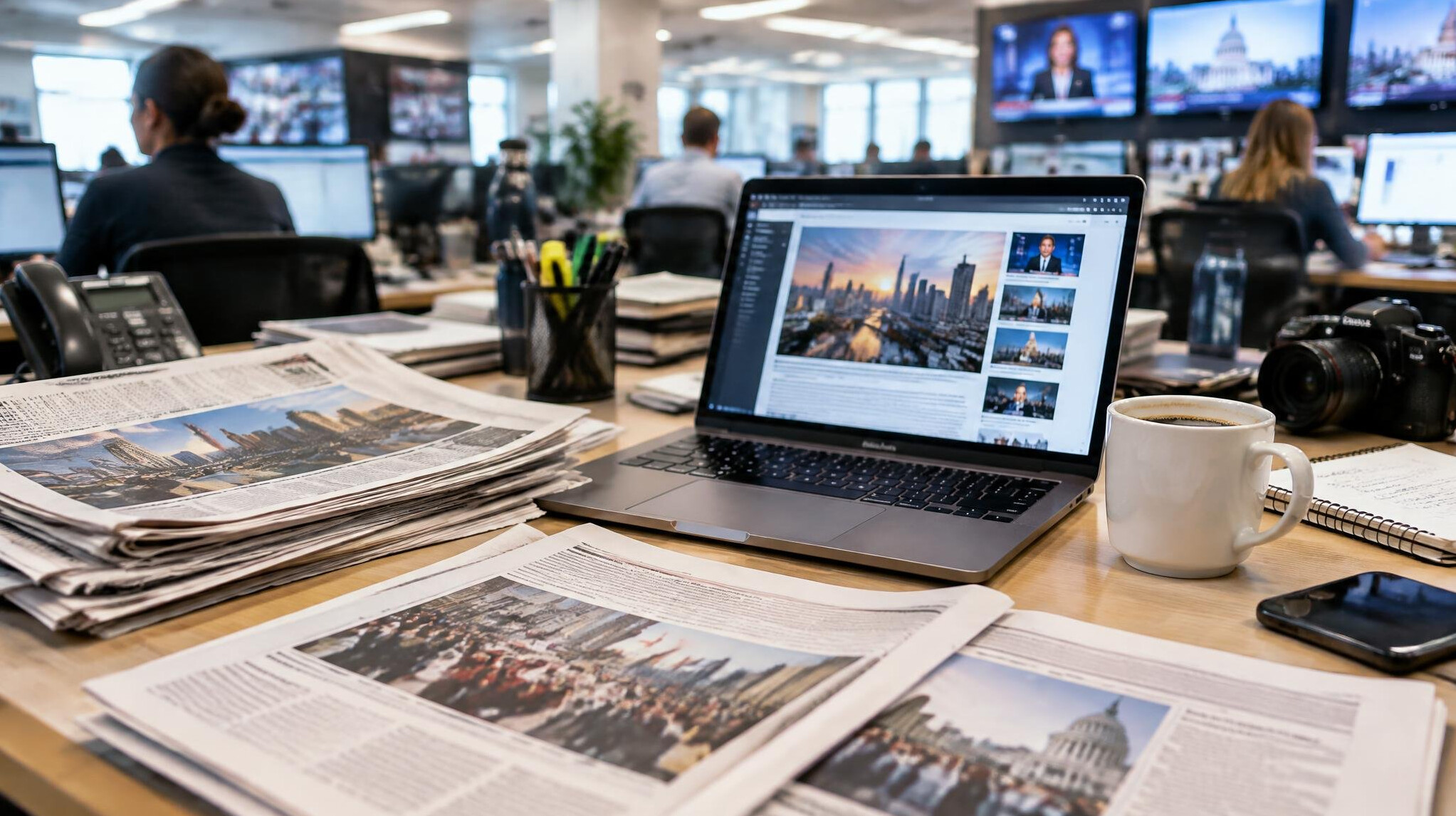 News desk with newspapers and a laptop